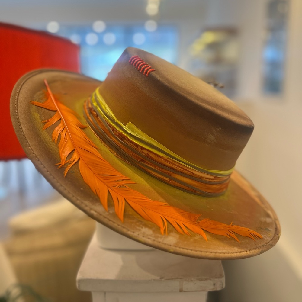 ATOUSA G Hand Painted Nude Hat w Orange Feather detail